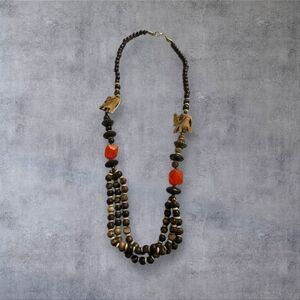 Vintage Boho Elephant Necklace Stone/Wooden Beads Long Tribal Statement 26”